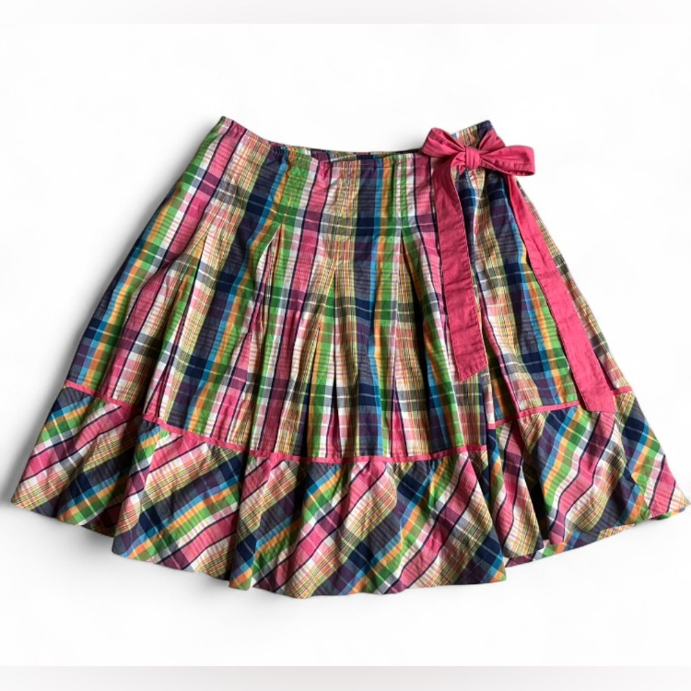 Lily Pulitzer vintage plaid gingham striped skirt, pink bow tie, ruffle hem